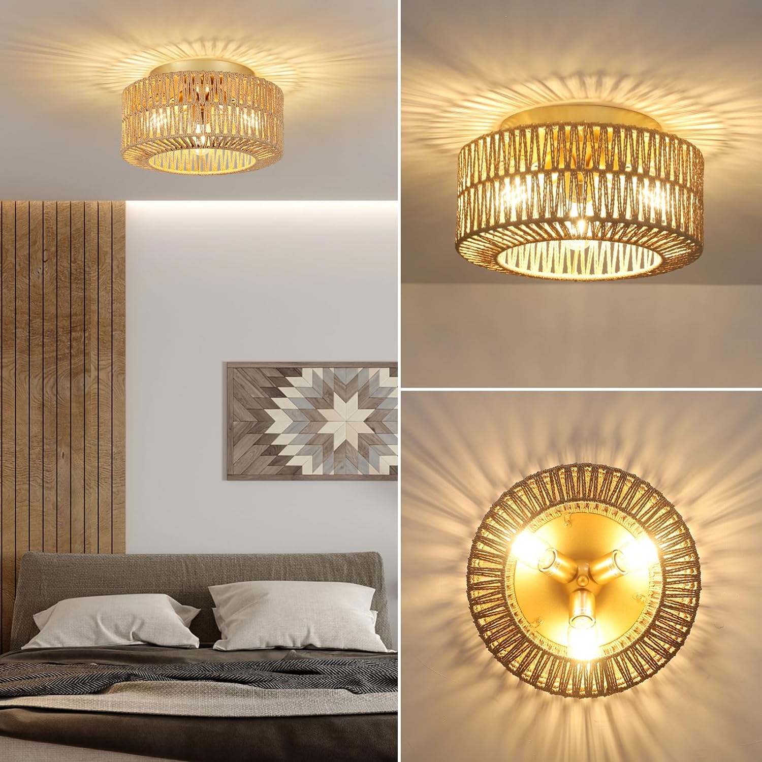 Boho Light Fixtures Ceiling Mount 3-Light Farmhouse Rattan Ceiling Light Fixture Flush Mount Ceiling Light with Hand-Woven Shade eprolo