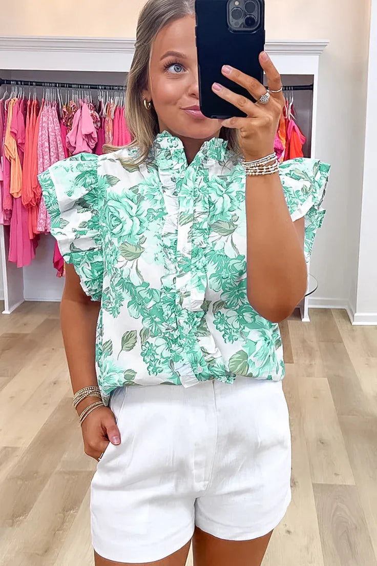 Green Floral Print Ruffle Sleeve Frill Shirt - Shello's Creative Boutique