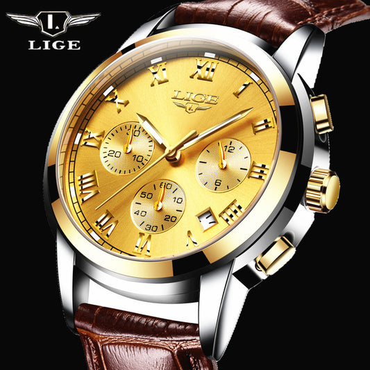 Lige Casual Fashion Trend Business Waterproof Belt Watch Men's Multi-Function Luminous Watch eprolo
