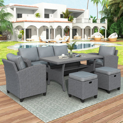 TOPMAX 6-piece outdoor rattan wicker set chair, stool, and table (gray rattan+gray mat) eprolo