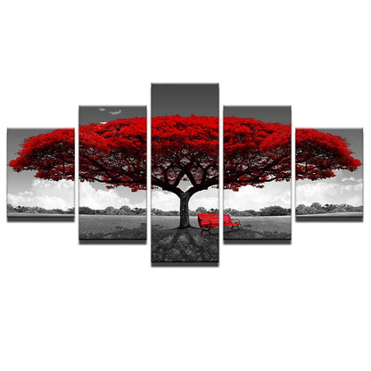 Modular Canvas HD Prints Posters Home Decor Wall Art Pictures 5 Pieces Red Tree Art Scenery Landscape Paintings Framework PENGDA - Shello's Creative Boutique