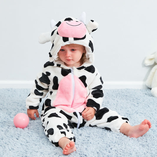 Baby Cow Jumpsuit Pajamas — Flannel One-Piece with Zipper Closure