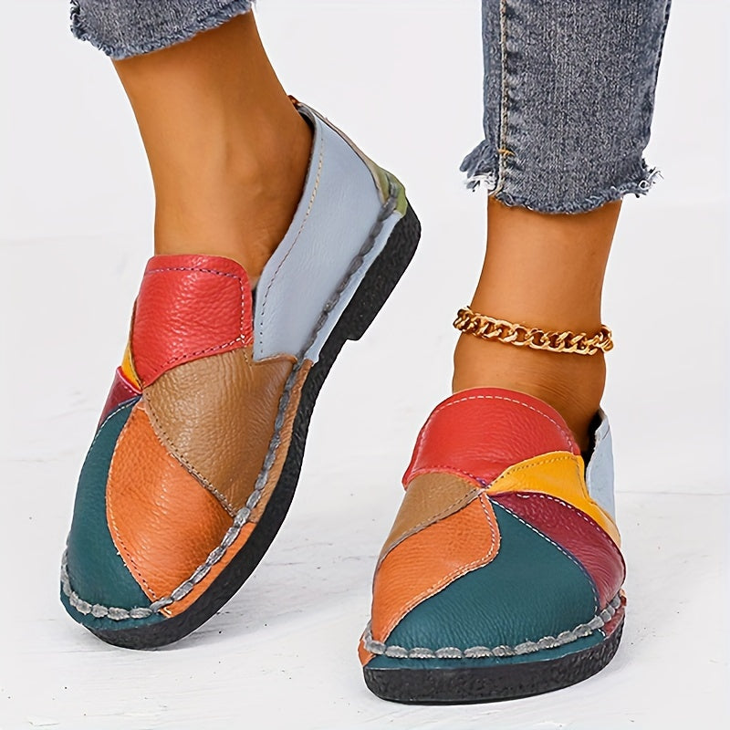 Women's Colorblock Flat Loafers, Fashion Round Toe Soft Sole Slip On Faux Leather Shoes, Casual Walking Anti-skid Shoes Shello's Creative Boutique