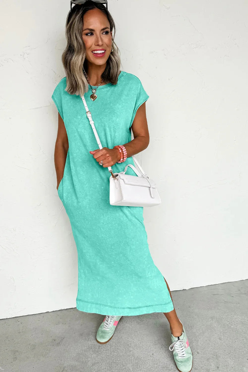 Clearly Aqua Mineral Wash Pocketed T-shirt Dress - Shello's Creative Boutique