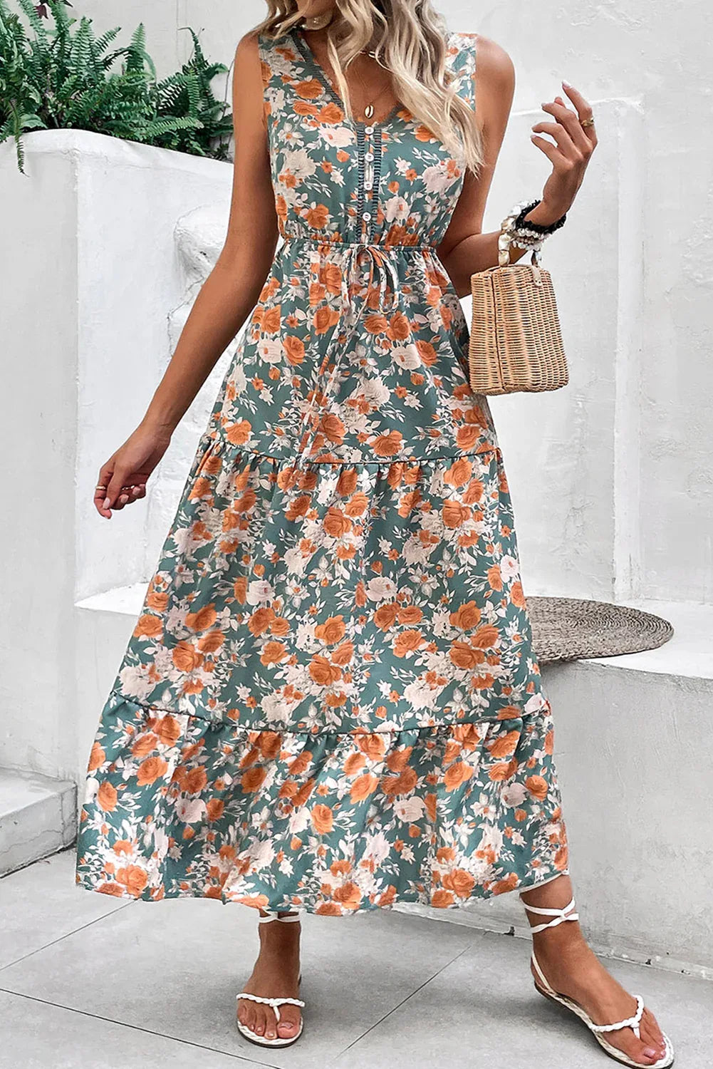 Sky Blue Floral Print Trimmed V Neck Sleeveless Vacation Dress - Shello's Creative Boutique