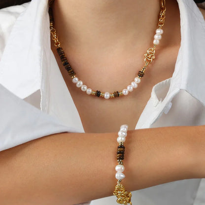 18k gold light luxury retro tiger eye stone with pearl beading design palace style necklace and bracelet set - Shello's Creative Boutique