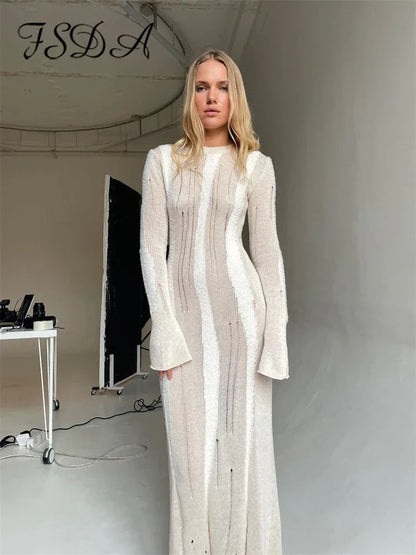 Knitted O-Neck Long Sleeve Bodycon Sweater Dress – Sexy Y2K Midi for Autumn & Winter - Shello's Creative Boutique