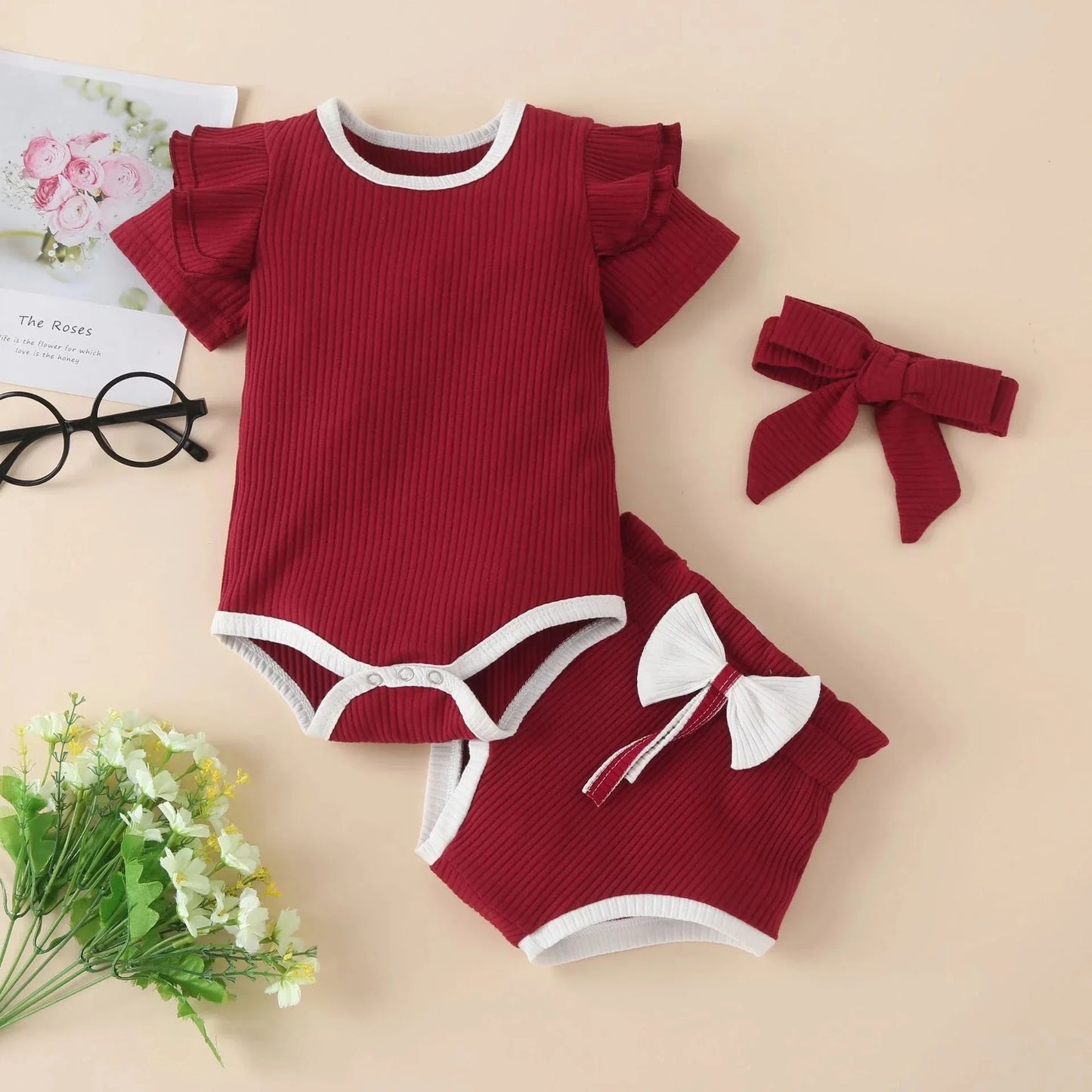 Autumn and winter foreign trade children's clothing solid color pit striped cotton long-sleeved romper with bowknot trousers three-piece suit - Shello's Creative Boutique