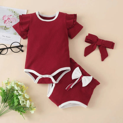 Autumn and winter foreign trade children's clothing solid color pit striped cotton long-sleeved romper with bowknot trousers three-piece suit - Shello's Creative Boutique