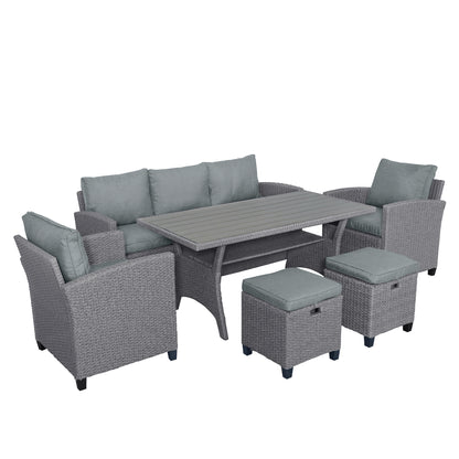 TOPMAX 6-piece outdoor rattan wicker set chair, stool, and table (gray rattan+gray mat) eprolo