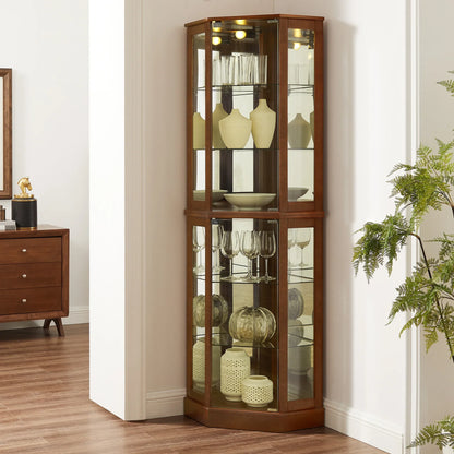 6 shelves corner Curio display cabinet with light mirror and adjustable shelves, walnut wood (excluding E26 light bulbs) - Shello's Creative Boutique