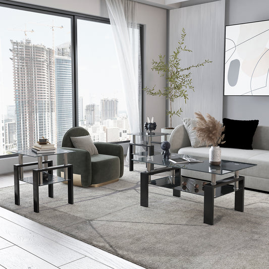 Set of 2, Modern Tempered Glass Tea Table Coffee Table End Table, Square Table for Living Room, Black eprolo