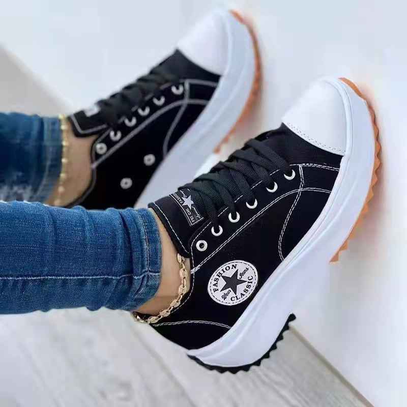 Low-cut single shoes for women, thick-soled canvas shoes, front lace-up platform soles, large size women's shoes-Shello's Creative Boutique