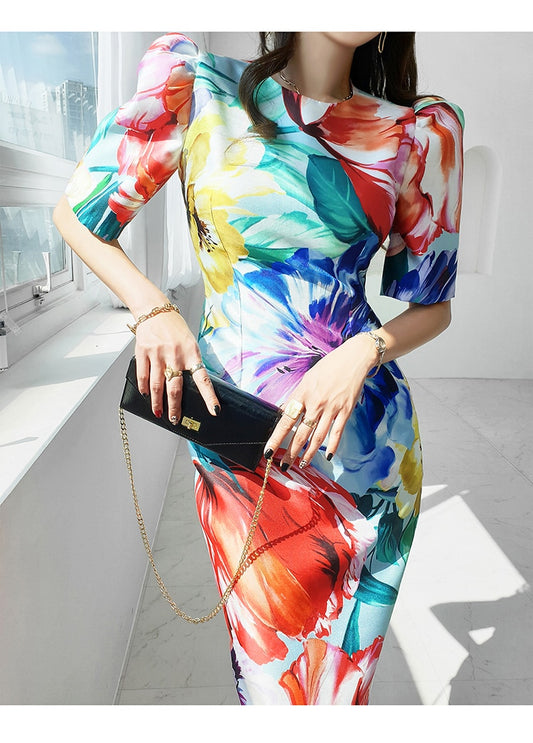 Tingfly Women Vintage Elegant Aesthetic Flower Print Slim Bodycon Midi Party Night Dresses Casual Office Lady Work Elbise Wear