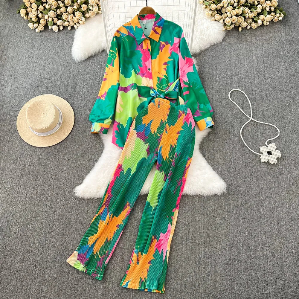 Spring Women Sleepwear Casual Loose Tie-dyed Trousers Suit Long Sleeve Shirts Blouses Wide Leg Pant Female Pajamas 2 Pieces - Shello's Creative Boutique