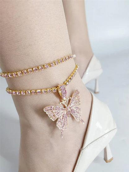 Diamond Butterfly Pendant Double Anklet - Shello's Creative Boutique