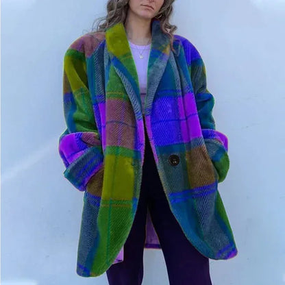 Panelled Plaid Women Jacket Long Sleeve Pocket Single Breasted Casual Female Coat Spring V-neck Elegant Lady Overcoat - Shello's Creative Boutique
