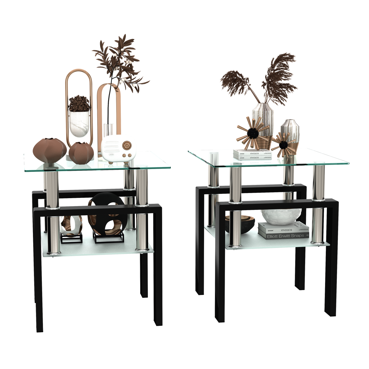 Set of 2, Modern Tempered Glass Tea Table Coffee Table End Table, Square Table for Living Room, Transparent/Black eprolo