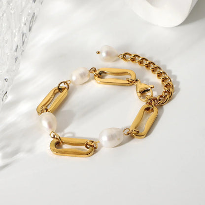 18K Gold Rectangular Chain with Pearl Design High-End Bracelet - Shello's Creative Boutique