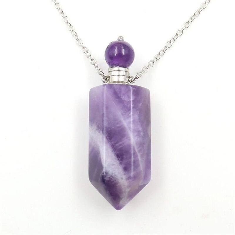 Natural Crystal Hexagonal Perfume Bottle Pendant Necklace  Fluorite Pendant Essential Oil Jar Chain Necklace Shello Creative Boutique