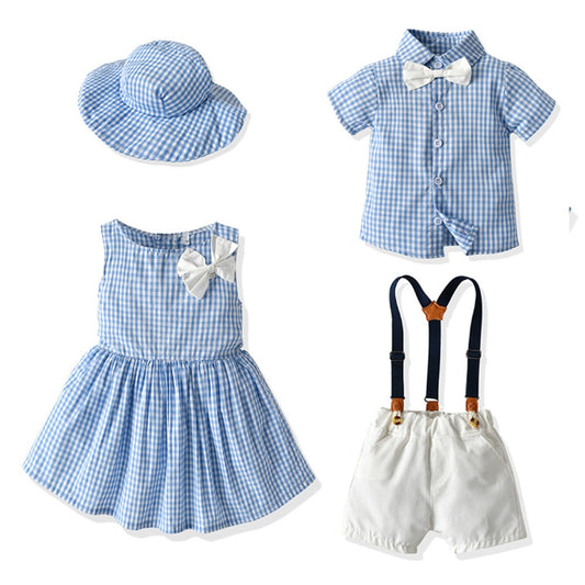 New Childrens Wear Boys and Girls Summer Checker Casual Suit Siblings Baby Set eprolo