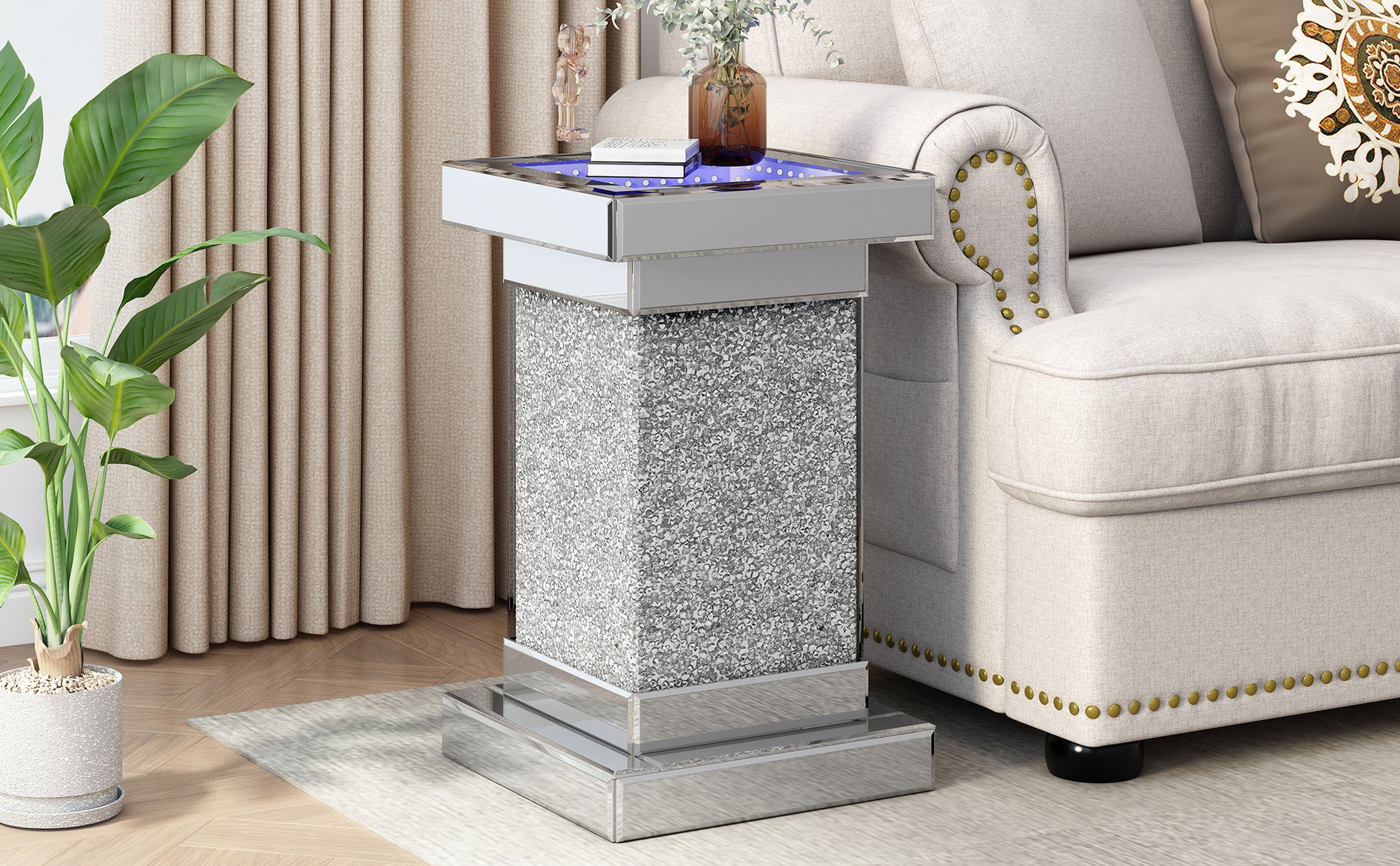 U-Can 11.8-inch silver square mirror coffee table with LED lights, modern diamond edge table, no assembly required eprolo