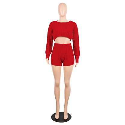 2 Two Piece Set Women Clothes Autumn Winter Outfits Long Sleeve Knit Sweater Tops+Bodycon Shorts Suit Sexy Matching Sets eprolo