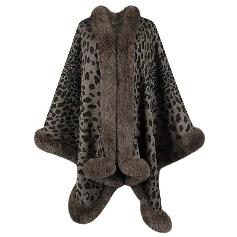 Leopard Wool Collar Cape Cardigan – Autumn & Winter Elegance - Shello's Creative Boutique