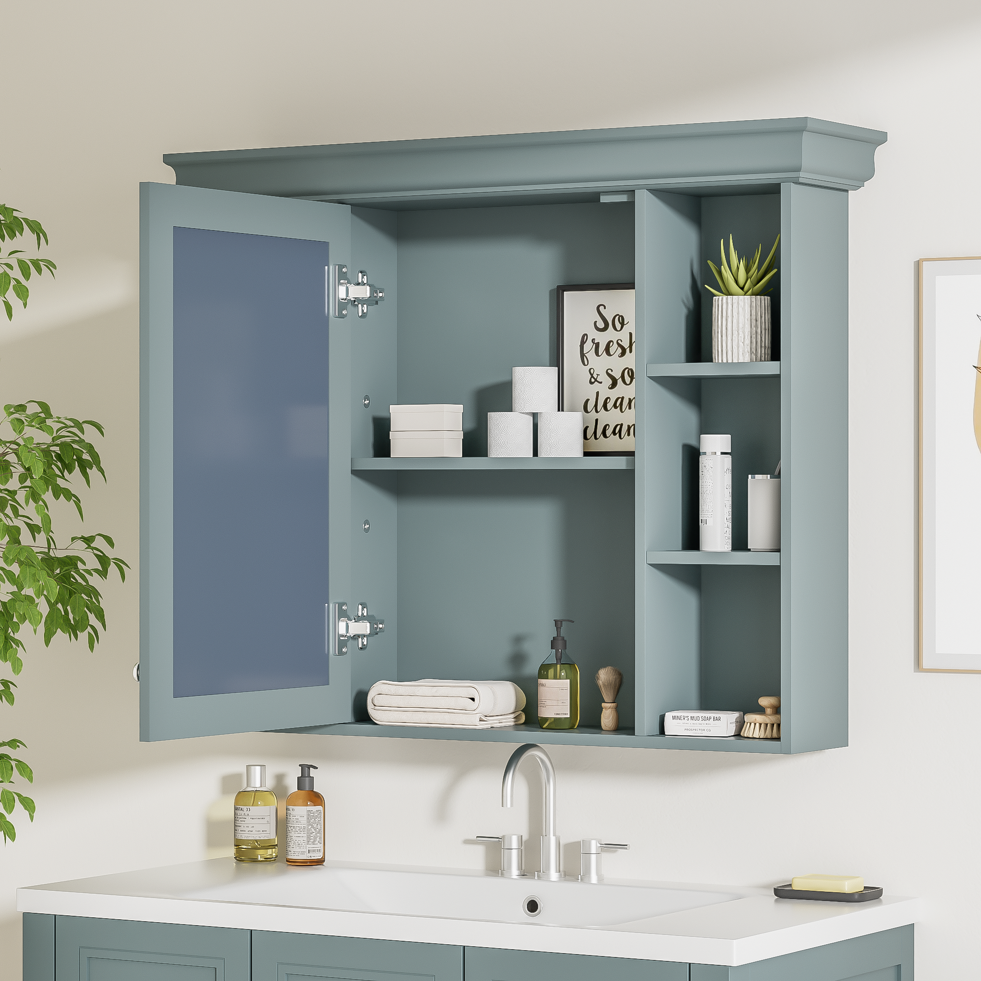 35 ''x 28' 'blue wall mounted bathroom storage cabinet with mirror door and medication cabinet with 6 open shelves eprolo