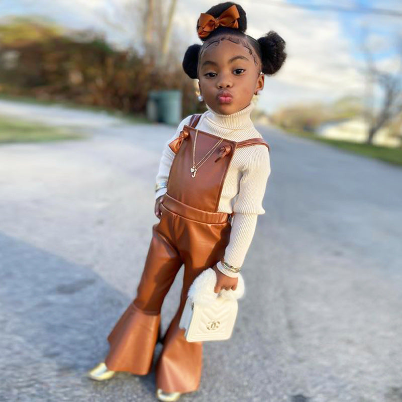 Children's Wear New Ins Style Children's Wear Girls' Suspenders Imitation Leather Pants Bow Bell Bottoms eprolo