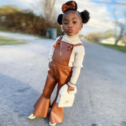 Children's Wear New Ins Style Children's Wear Girls' Suspenders Imitation Leather Pants Bow Bell Bottoms eprolo