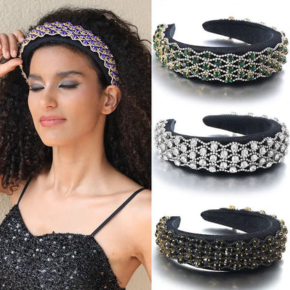 Fashionable full set rhinestone wide edge solid color sponge head hoop - Shello's Creative Boutique