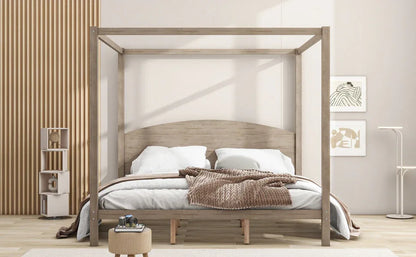King Size Canopy Platform Bed with Headboard and Support Legs, Brown Wash - Shello's Creative Boutique