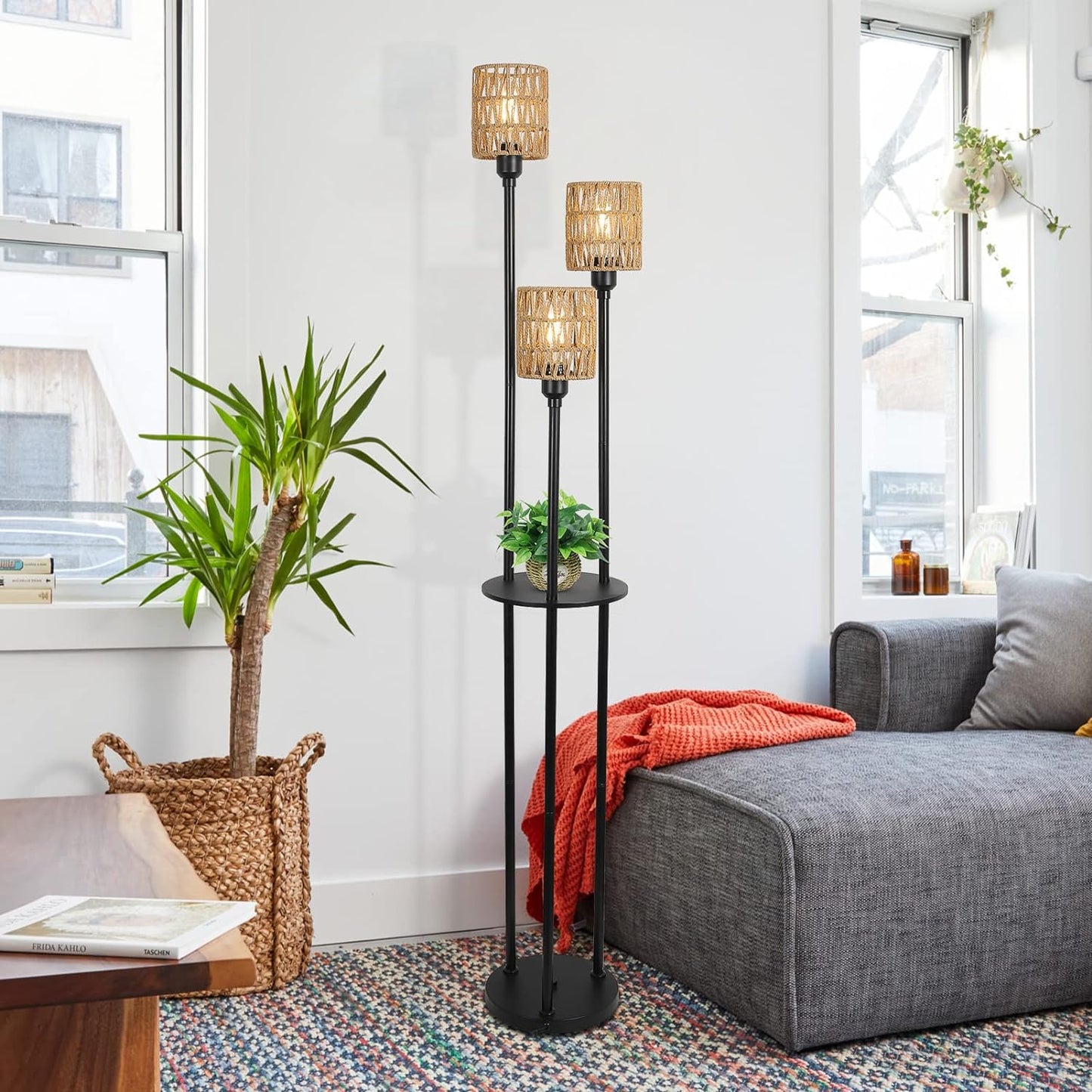 Boho Floor Lamp with Shelves 3-Lights Farmhouse Tall Floor Lamp with ON/OFF Foot Switch Rustic Standing Lamp with Rattan Shades eprolo