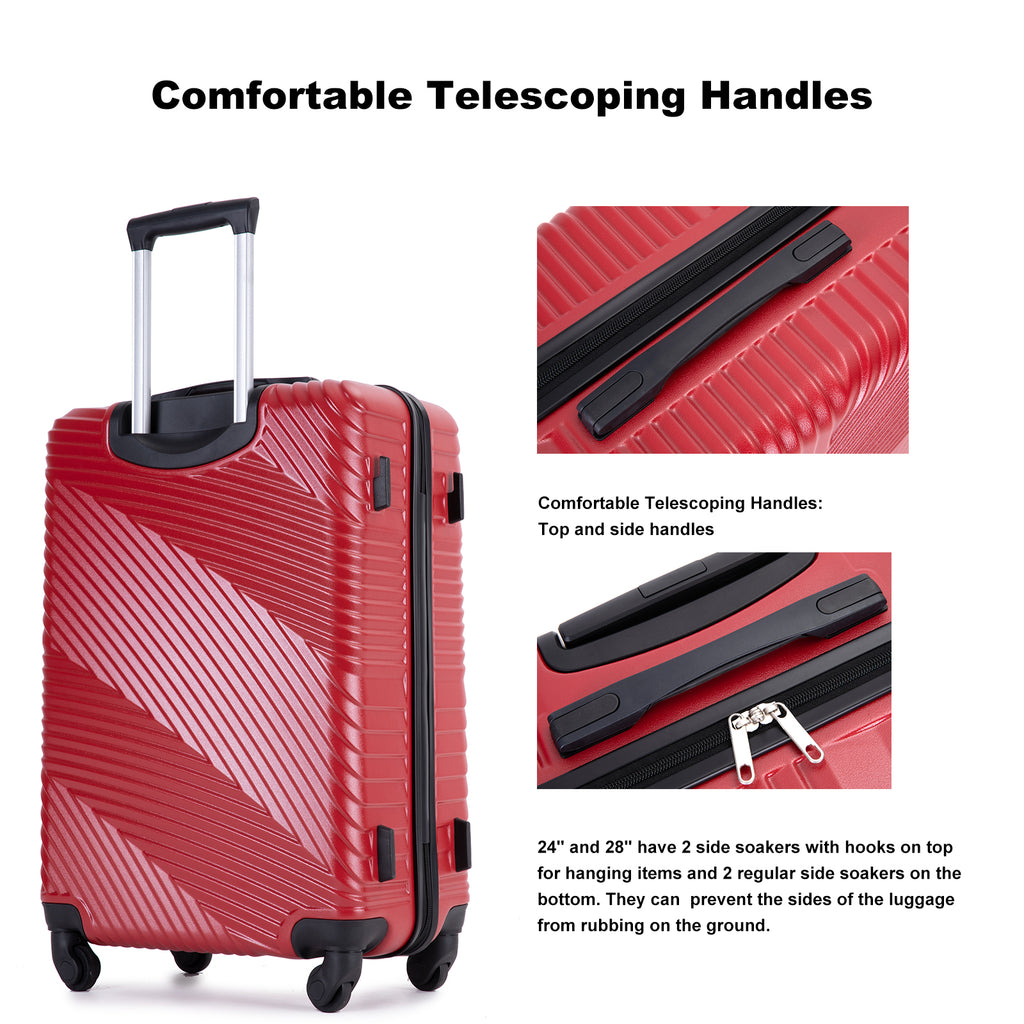 3 Piece Luggage Sets PC+ABS Lightweight Suitcase with Two Hooks Spinner Wheels (20/24/28) Red eprolo