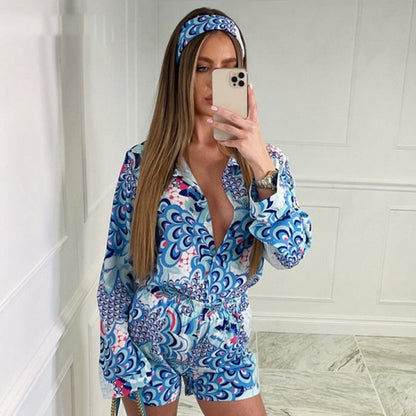 Za Summer Women Red Print Long Sleeve Blouses Top Shirts And Mini Shorts Set Y2K Casual Three Piece Sets Party Sexy Outfits eprolo