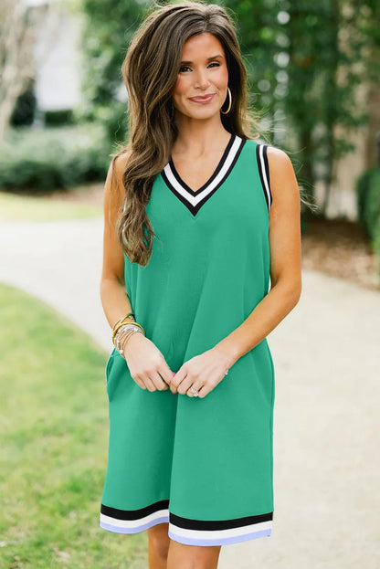 Myosotis Contrast Trim V Neck Sleeveless Mini Dress - Effortless Elegance with a Modern Twist! - Shello's Creative Boutique