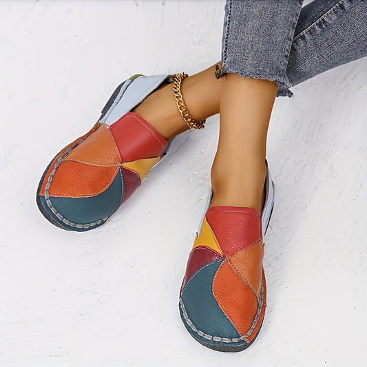 Women's Colorblock Flat Loafers, Fashion Round Toe Soft Sole Slip On Faux Leather Shoes, Casual Walking Anti-skid Shoes Shello's Creative Boutique