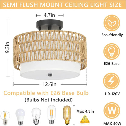 3-Light Semi Flush Mount Ceiling Light Fixture, Boho Rattan Light Fixtures Ceiling, Farmhouse Drum Light with Fabric Shade - Shello's Creative Boutique