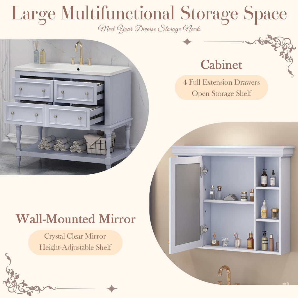 36'' Bathroom Vanity with Medicine Cabinet, Modern Mirror Cabinet with Adjustable Shelf, Bathroom Storage Cabinet with 4 Drawers eprolo