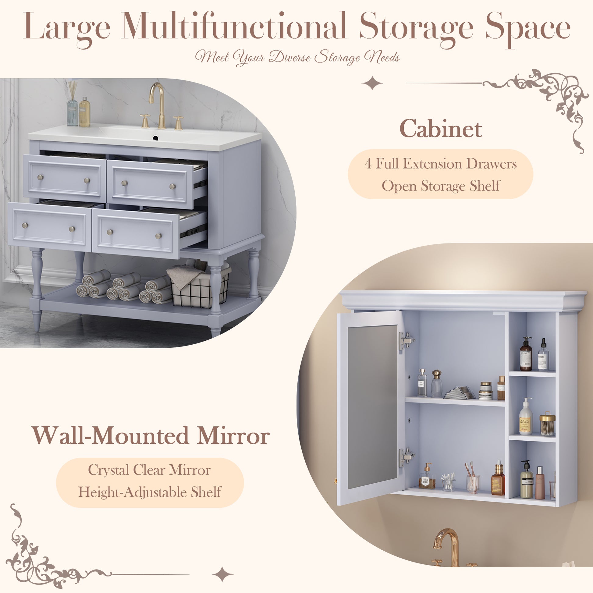 36'' Bathroom Vanity with Medicine Cabinet, Modern Mirror Cabinet with Adjustable Shelf, Bathroom Storage Cabinet with 4 Drawers eprolo