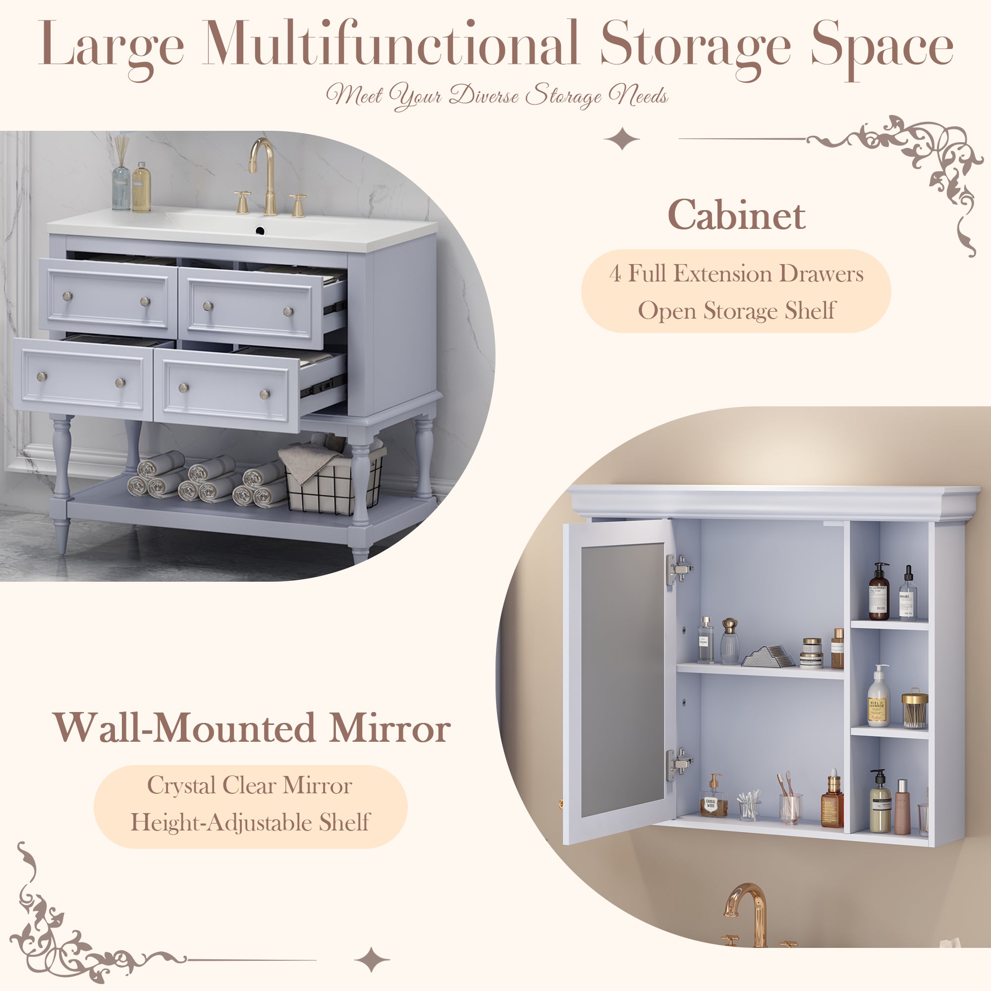 36'' Bathroom Vanity with Medicine Cabinet, Modern Mirror Cabinet with Adjustable Shelf, Bathroom Storage Cabinet with 4 Drawers eprolo