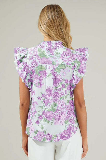 Green Floral Print Ruffle Sleeve Frill Shirt - Shello's Creative Boutique
