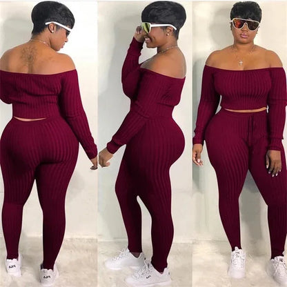 Two Piece Set Autumn Outfits Tracksuit Women Blue Ribbed Striped Slash Neck Short Tops Pencil Pants - Shello's Creative Boutique