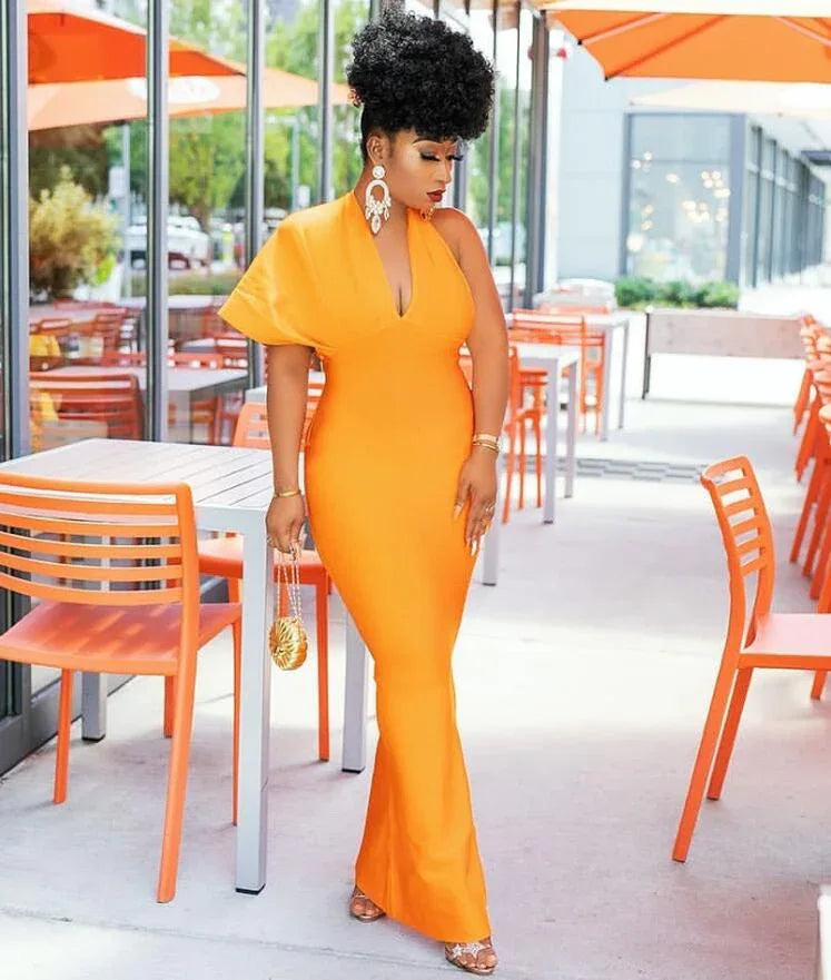 Orange V Neck Maxi Bandage Dress - Designer Evening Party Dress - Shello's Creative Boutique