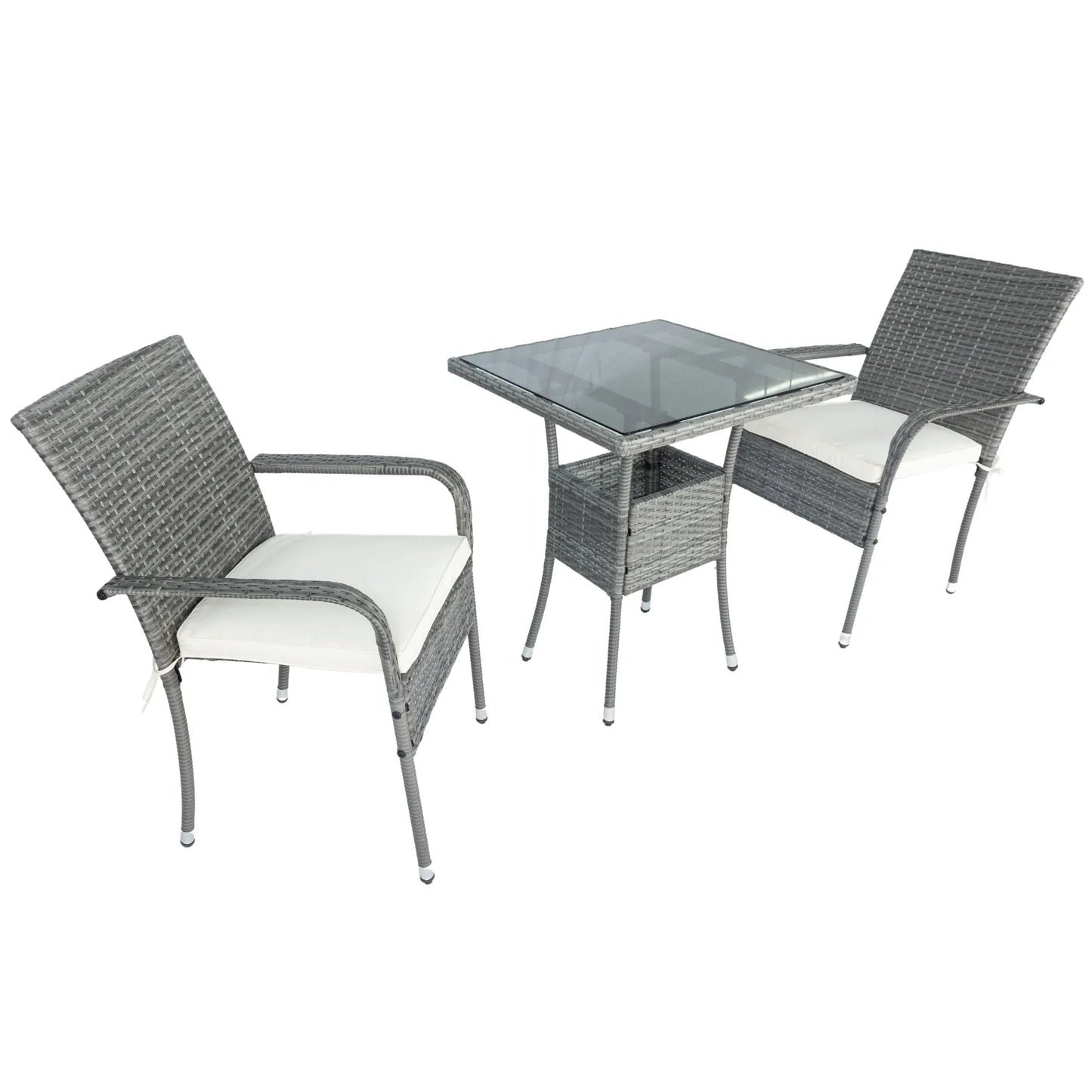 3 Piece Patio Wicker Conversation Set Grey Wicker + white Cushion - Shello's Creative Boutique