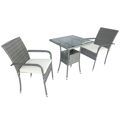 3 Piece Patio Wicker Conversation Set Grey Wicker + white Cushion - Shello's Creative Boutique
