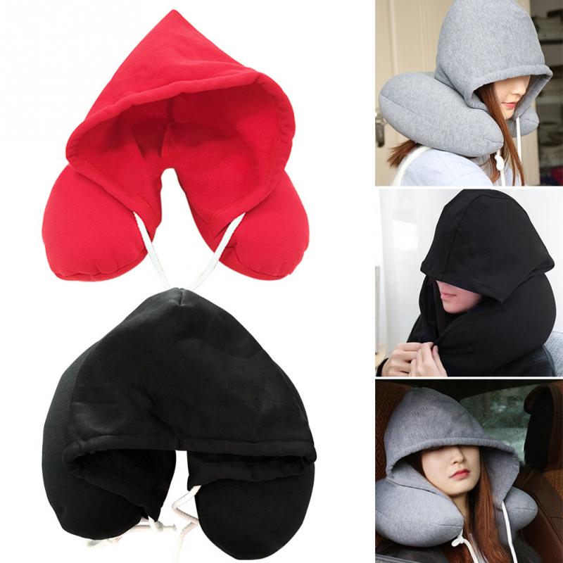 Adults Portable Solid U shaped Pillow Drawstring Microbeads soft Hooded Neck pillow for Trave
