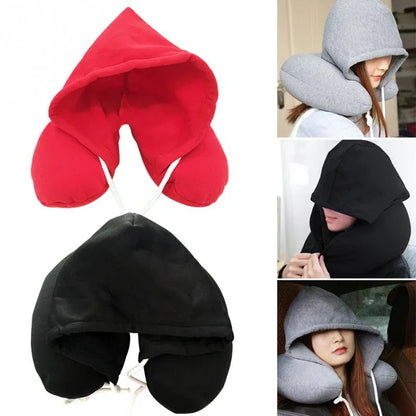 Adults Portable Solid U shaped Pillow Drawstring Microbeads soft Hooded Neck pillow for Travel - Shello's Creative Boutique