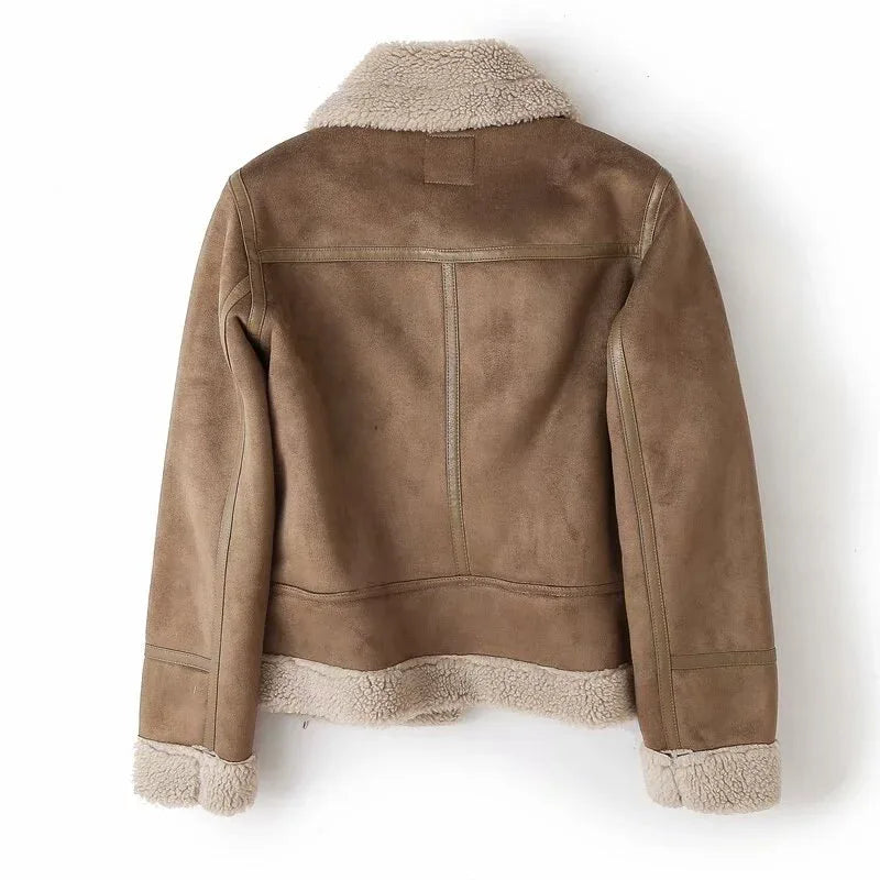 Winter Women Faux Shearling Sheepskin Leather Fur Jackets Lady Thick Warm Suede Lambs Wool Short Motorcycle Brown Coats - Shello's Creative Boutique